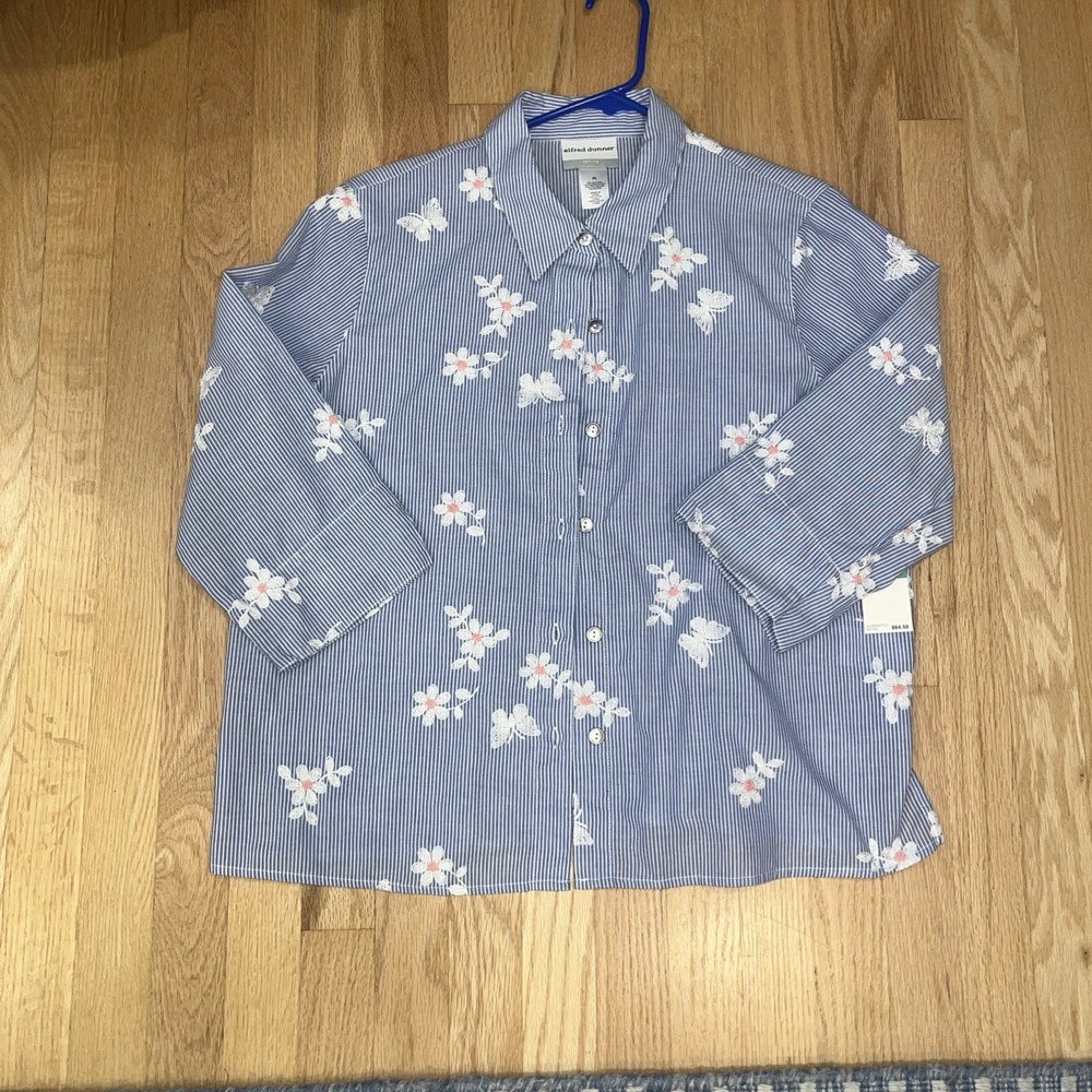 Alfred Dunner Blue White Embroidered Floral 3/4 Sleeves Shirt Petite Large